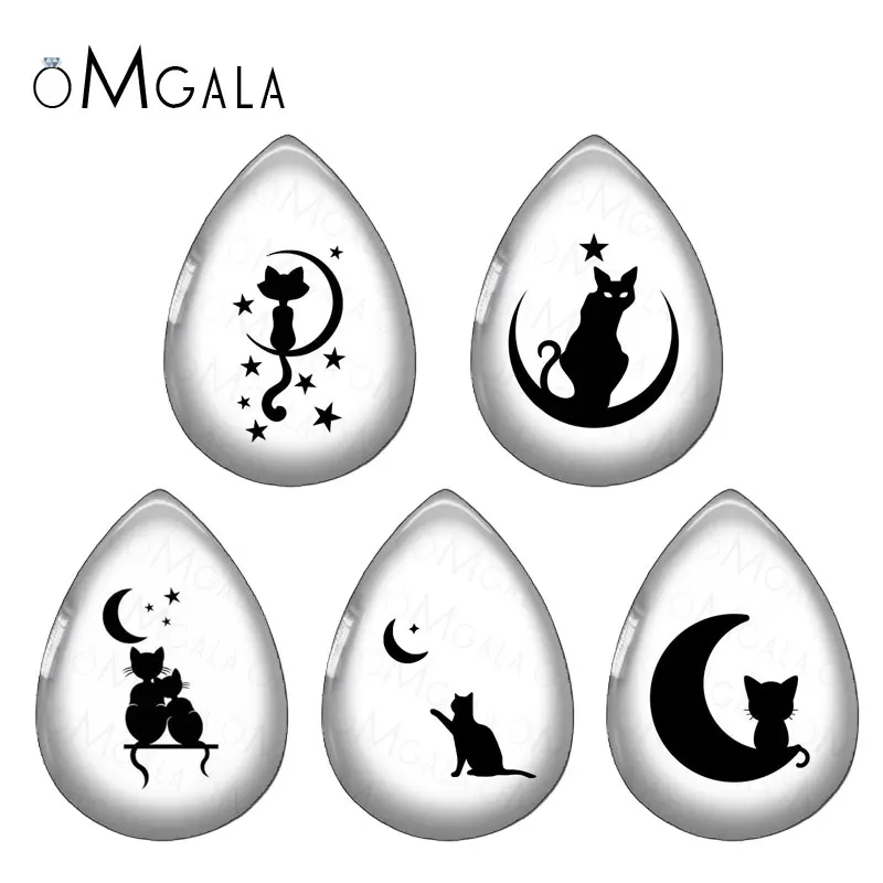 

Cute Love Cat with Moon Art Drawings 13x18/18x25mm Photo Glass Cabochon Flat Back For DIY Jewelry Making Findings