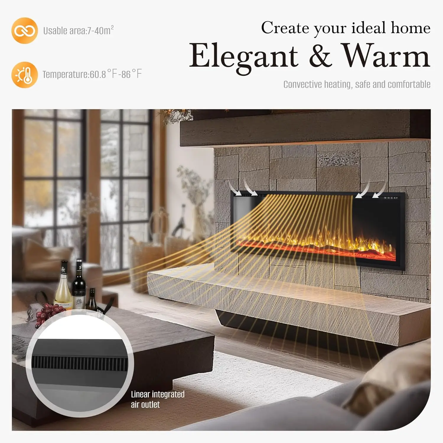 Electric Fireplace 50 inch Wall Mounted with Remote Control,Recessed Fire Place Heater Ultra Thin Slim for Indoor Use,1500W/750W