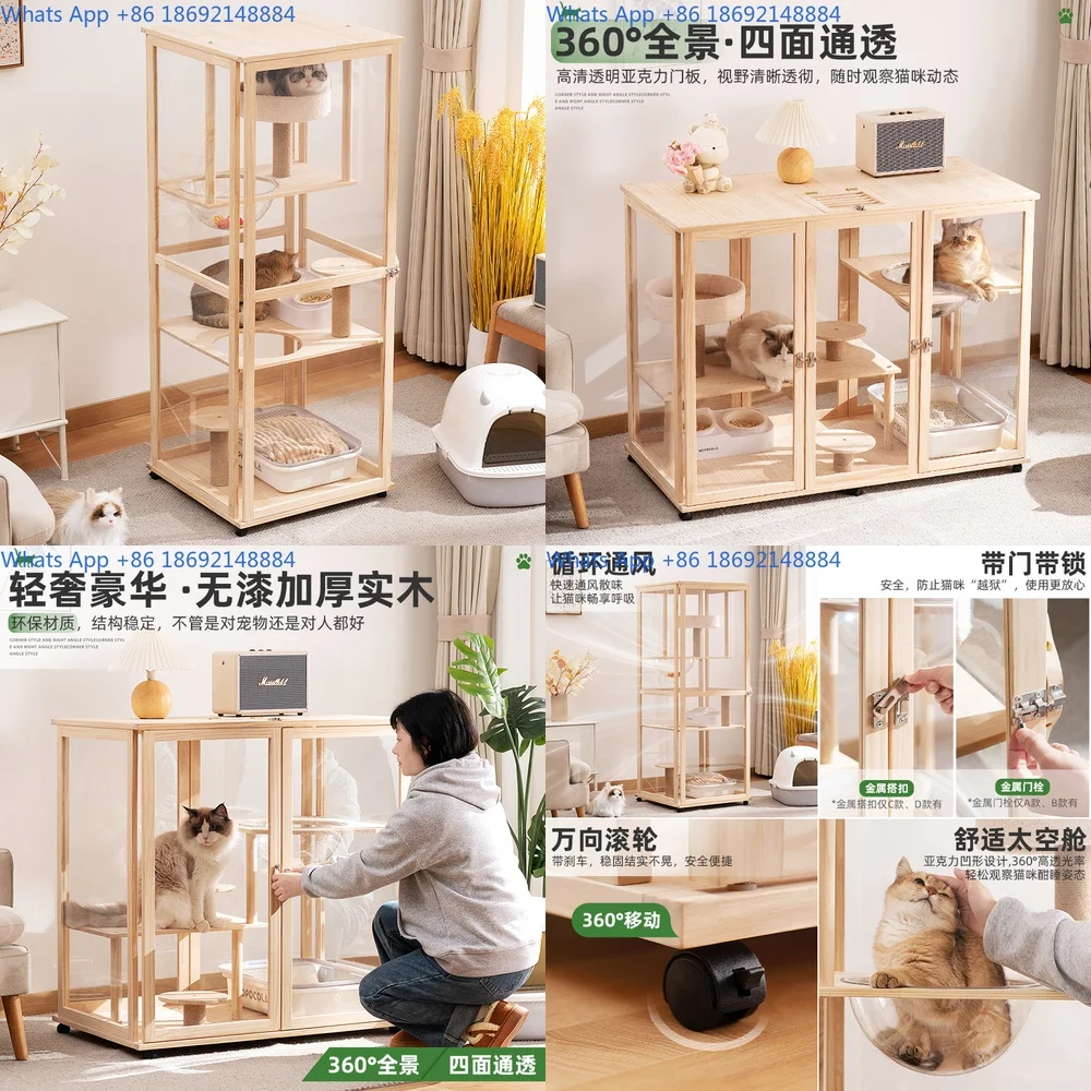 

Cat Tree House Indoor Wooden Cat Cabinet Large Space Climbing Scratcher Play Center for Cats