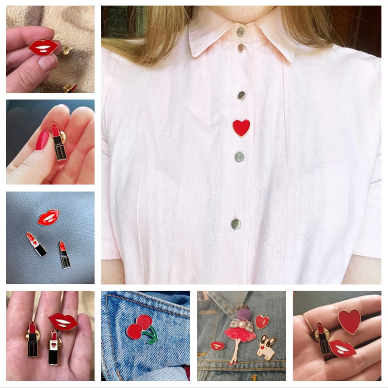 Women Brooches Sexy Lipstick Lip Love Heart Rose Enamel Pins Fashion Brooch Clothes Lapel Button Metal Pin Jewelry Accessories