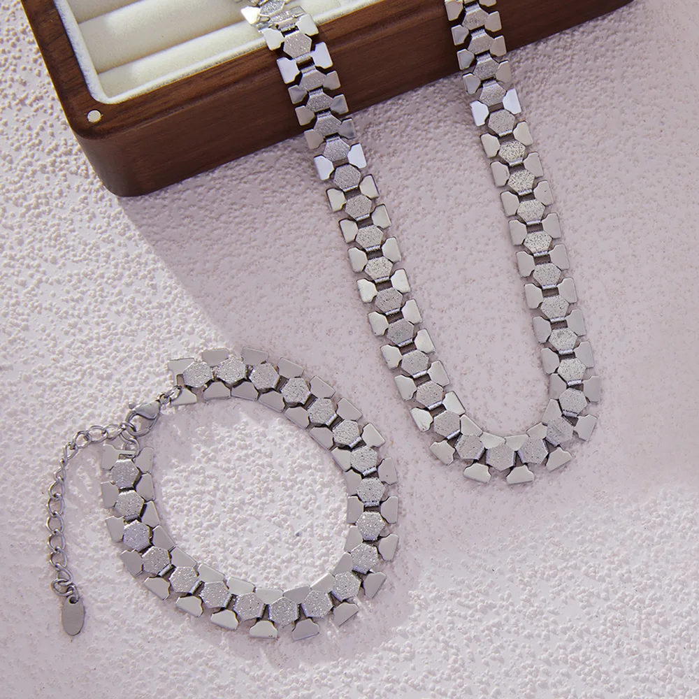 Stainless Steel Necklace Bracelet For Women Men Polygonal Chain Waterproof Couple Wedding Gold Silver Color Jewelry Sets