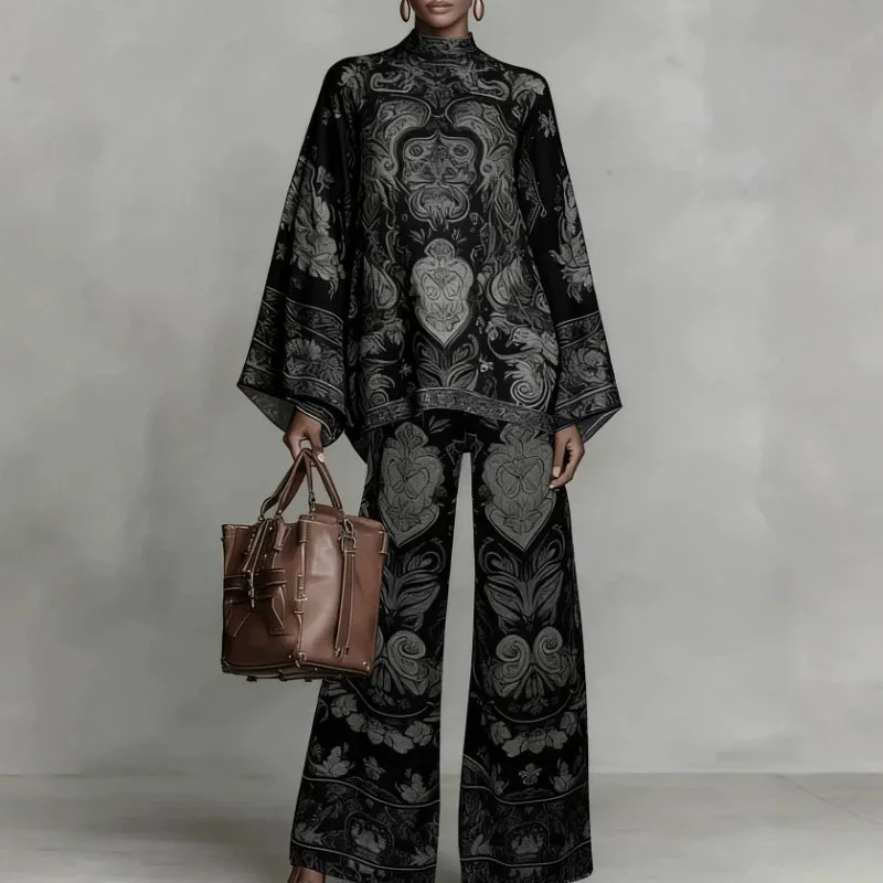 Women Flare Sleeve Printed 2 Piece Sets Stand Collar Loose Blouse High Waist Wide Leg Pants Suit Boho Solid Resort Casual Outfit image 6