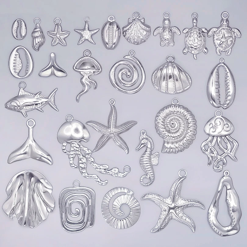 Starfish Conch Fish Tail Silver Color Stainless Steel Charms For Jewelry Making Supplies Ocean Animal Pendant 6pcs/Lot Breloque