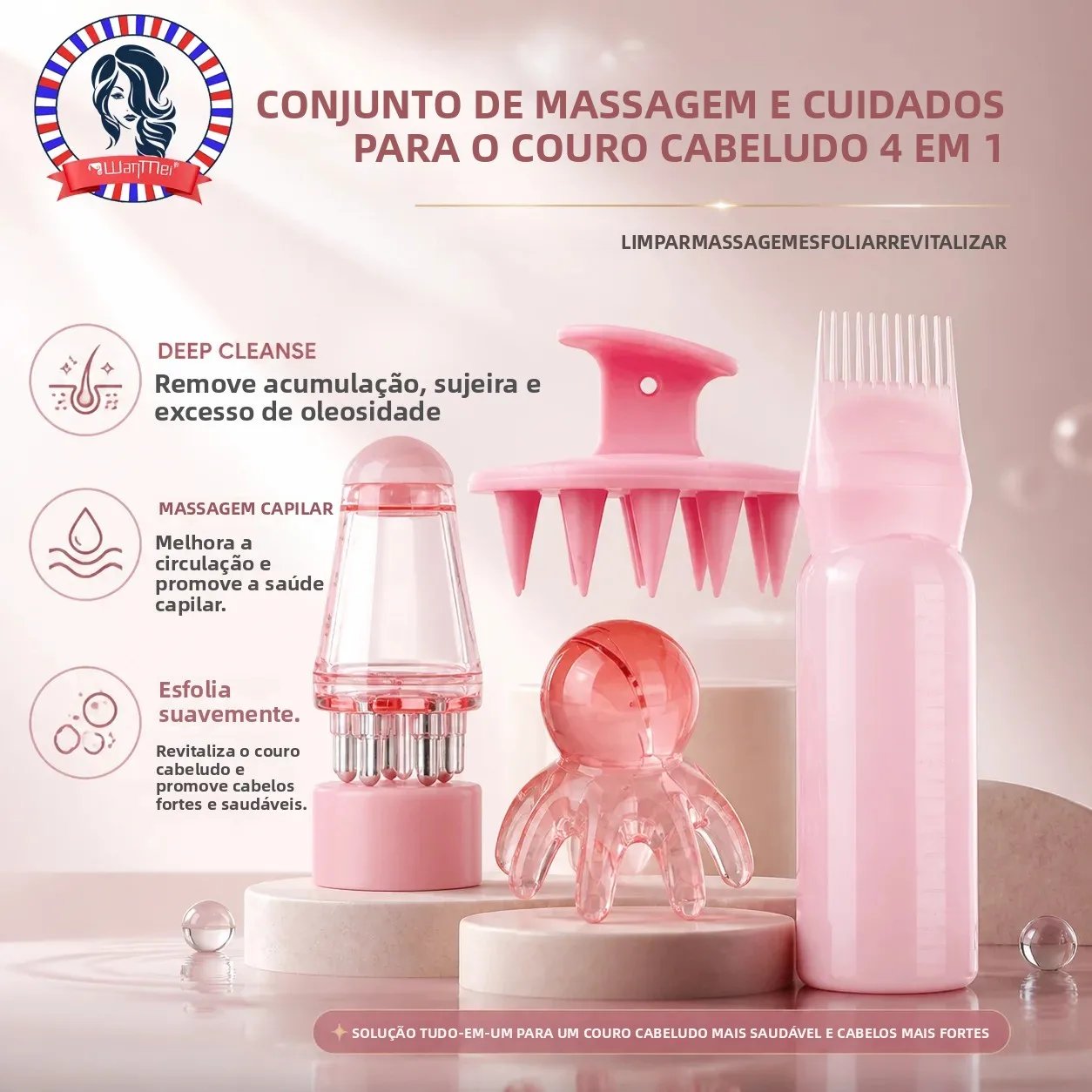 Kit de Cuidados para o Couro Cabeludo com 4 Peças, Escova de Shampoo, Massageador de Cabeça Octopus, Frasco Aplicador de Tintura de Cabelo e Aplicador de Óleo para o Couro Cabeludo, Ferramentas de Cuidado Capilar