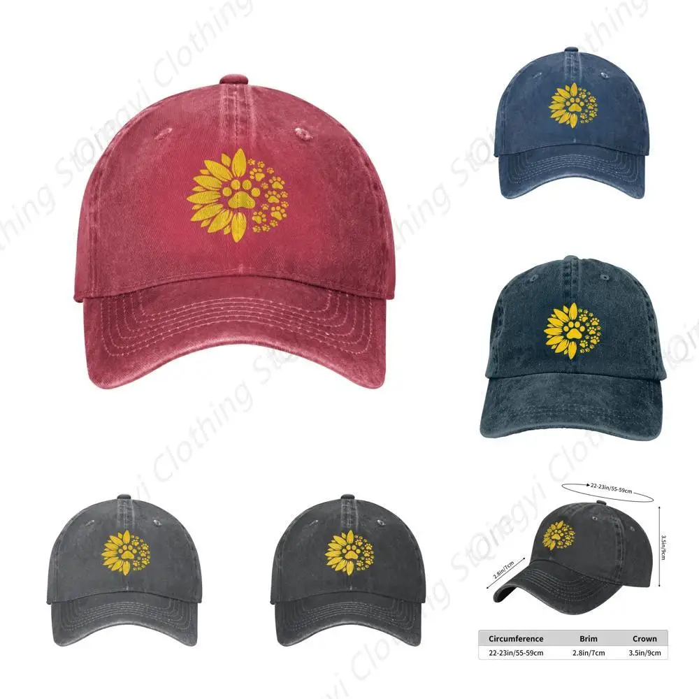 

Sunflower Paw Print Hat Adjustable Washed Vintage Baseball Cap Red