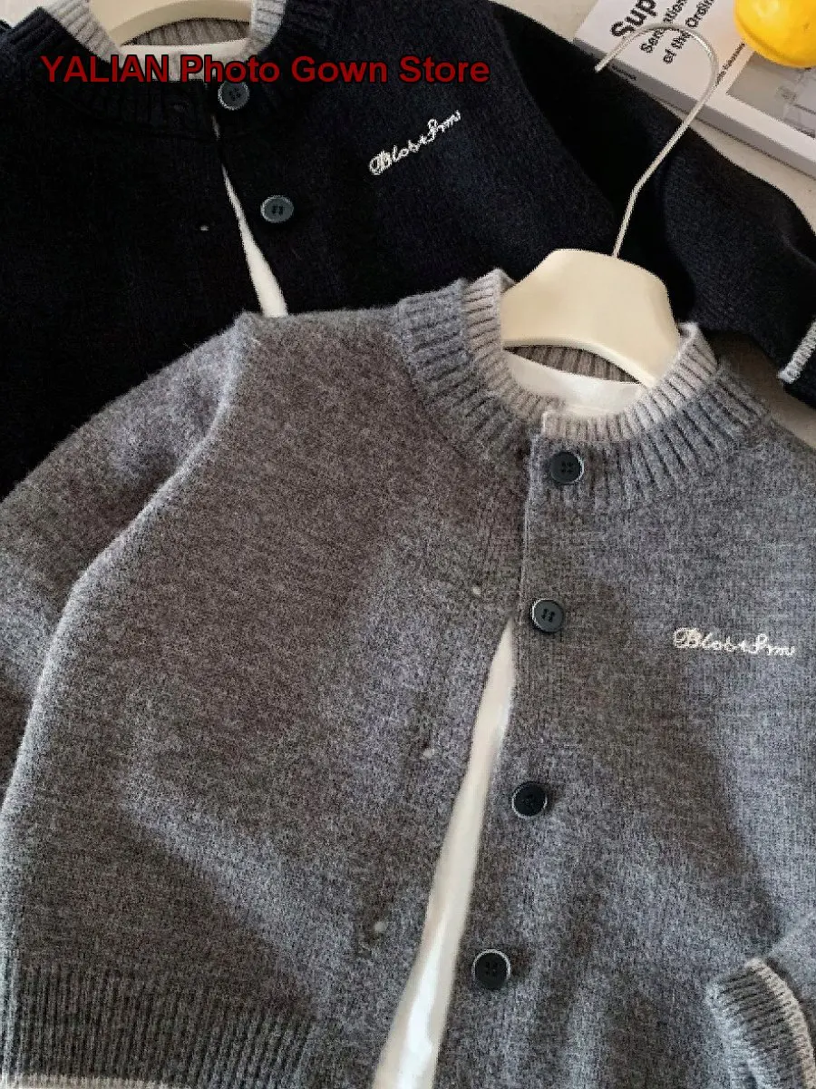 Kids Round Neck Knit Top Boys Girls Letter Print Embroidered Button Front Casual Wear
