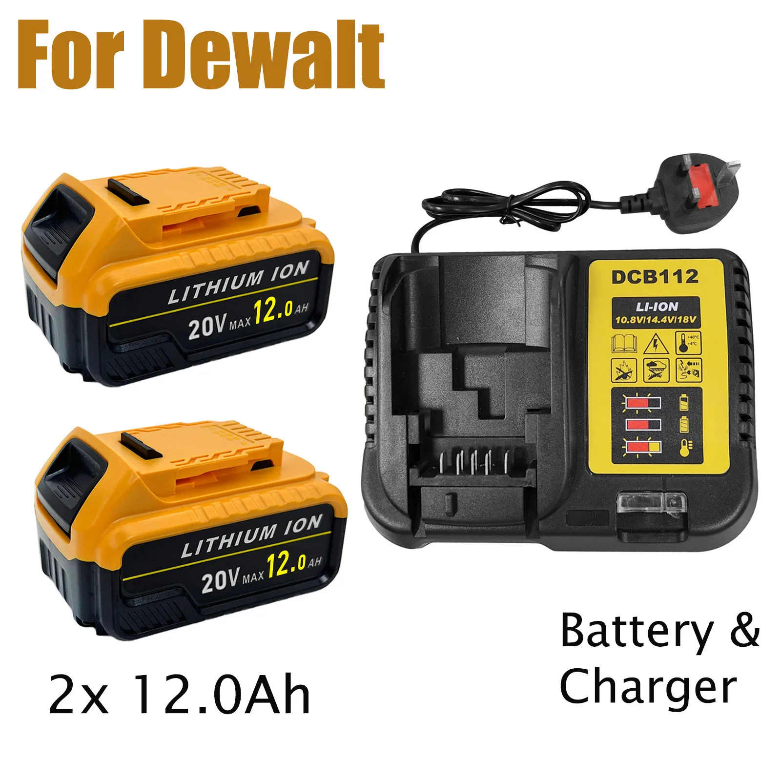 

2 комплекта сменных аккумуляторов емкостью 12,0 Ач для аккумулятора Dewalt с быстрым зарядным устройством, совместимых с аккумулятором Dewalt DCB200 DCB180 DCB181