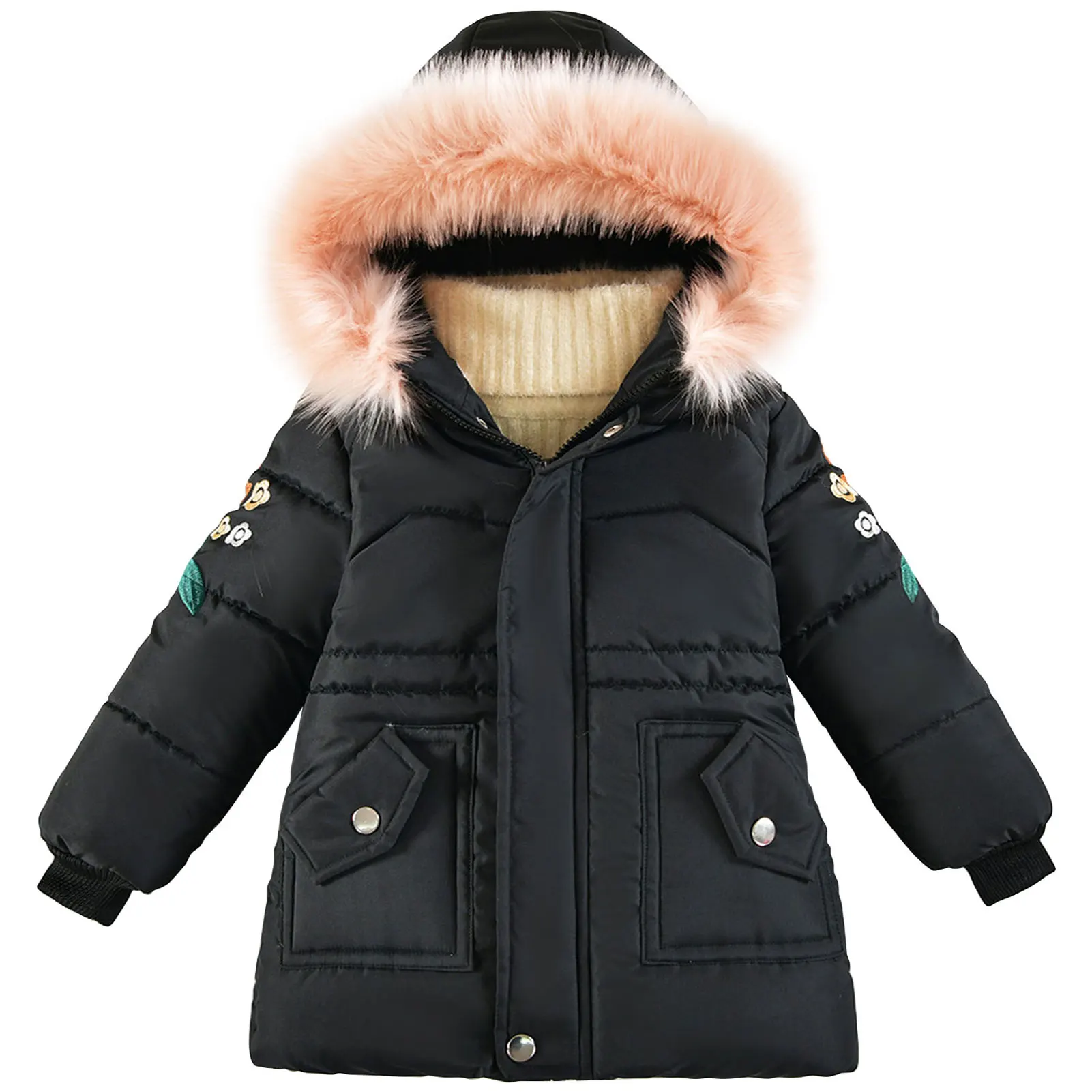 

Girls Quilted Cotton-Padded Coat,Winter Embroideried Children's Puffer Coat,Warm Fur Hood Toddler Kids Windproof Down Jacket