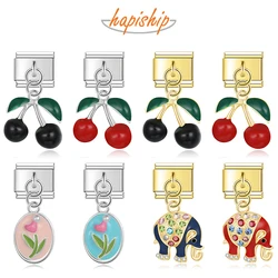 Hapiship 2025 New Tulip Flower Cherry Elephant Italian Charm Fit 9mm Bracelet Stainless Steel Drop Shipping Women Jewelry DJ1416