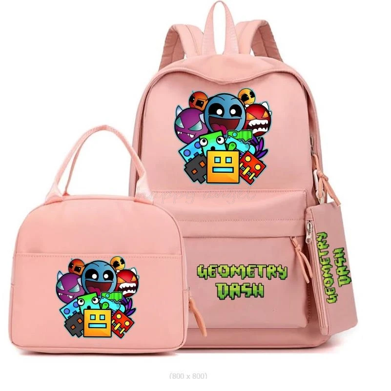 New Geometry Dash Backpack 3Pcs Set Funny Cartoon Game School Bags Girls Boys Primary School Bookbag With Lunch Bag Pen Bag Gift