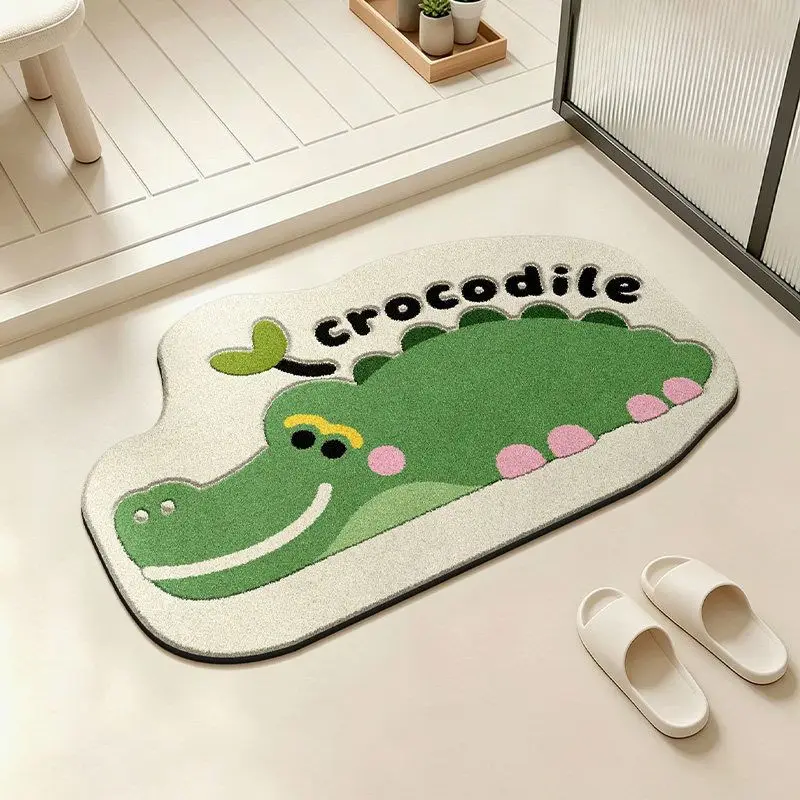 VIKAMA Cute Crocodile Rug Irregular Shape Green Sprout Non Slip Soft Flannel Floor Mat for Bedroom Bathroom Kids Room Cartoon
