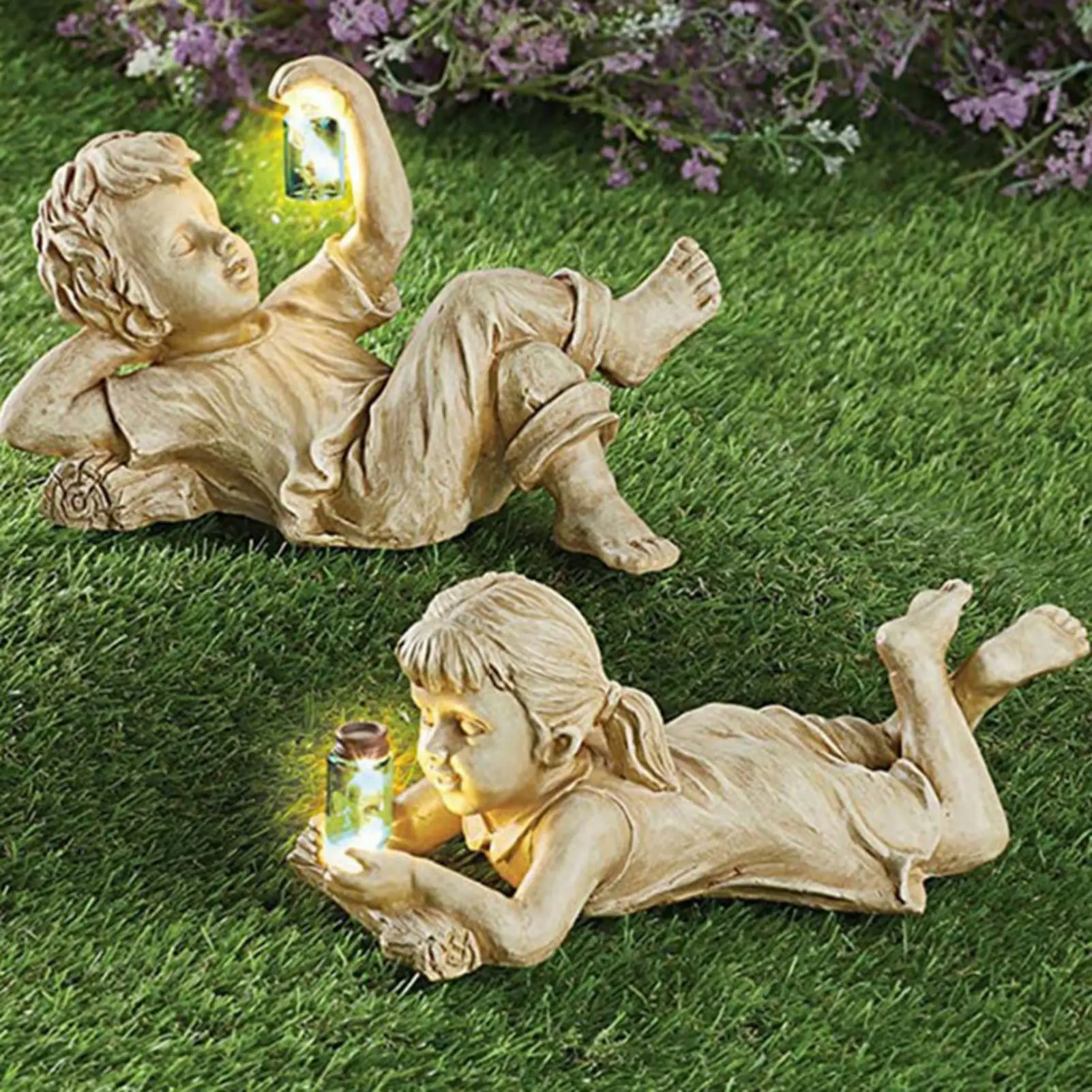 

Solar Lighted Firefly Jar Light Boy Girl Creative Statue Garden Resin Decorative Statue Ornament, Garden Yard Patio Decoration