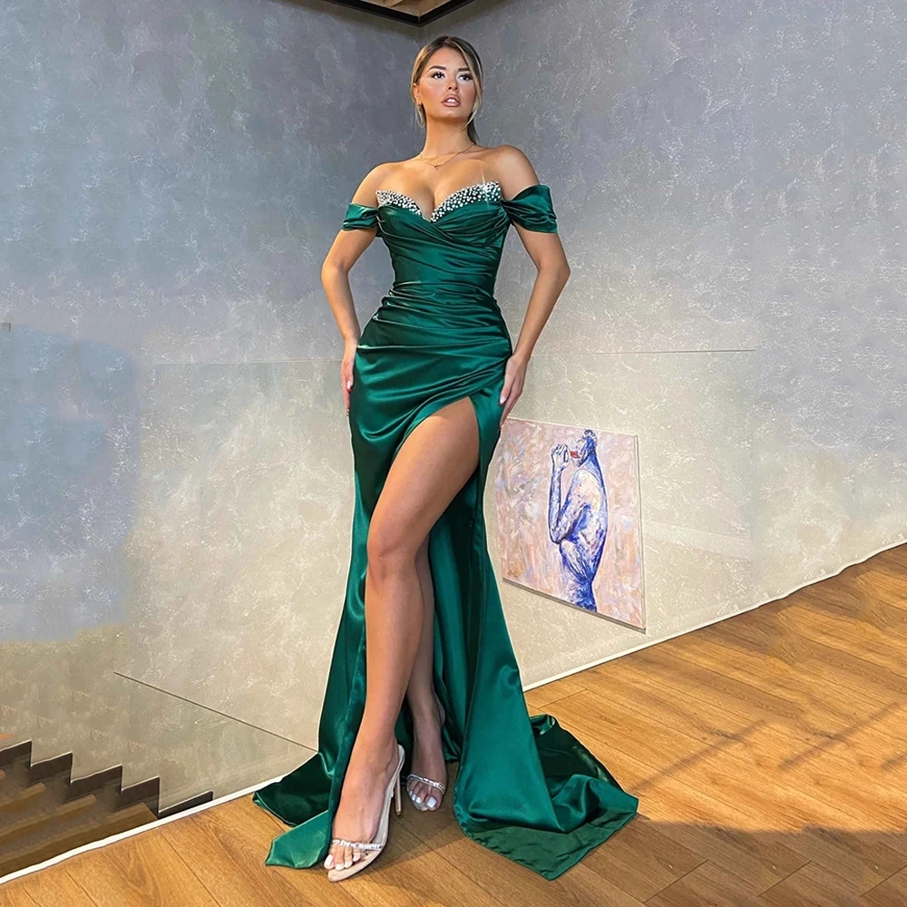 

Angelsbridep Emerald Green Mermaid Evening Dresses Off Shoulder Beading Pleat Side Slit Celebrity Prom Dresses Robe De Soirée