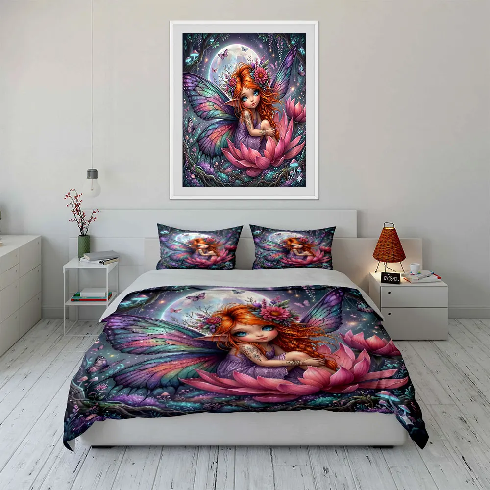 Fairy in Enchanted Forest Bedding Set for Kids Luxury Gift 3pcs Digital Print Comforter Set Soft Comfortable Breathable