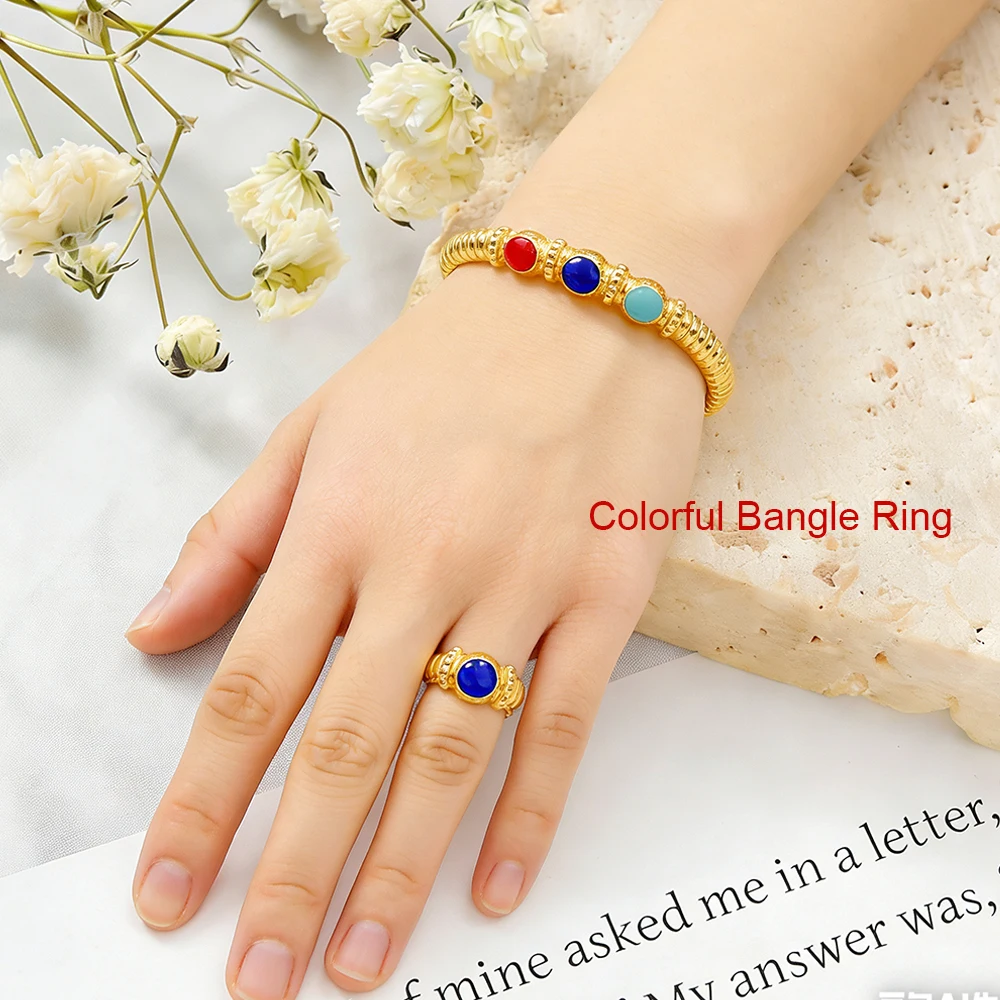 

Gold Color Bangles with Ring Jewelry Set Exquisite Bangle Ladies Bracelets Oil Dripping Colored Rings Jewelry Sets Party Daily
