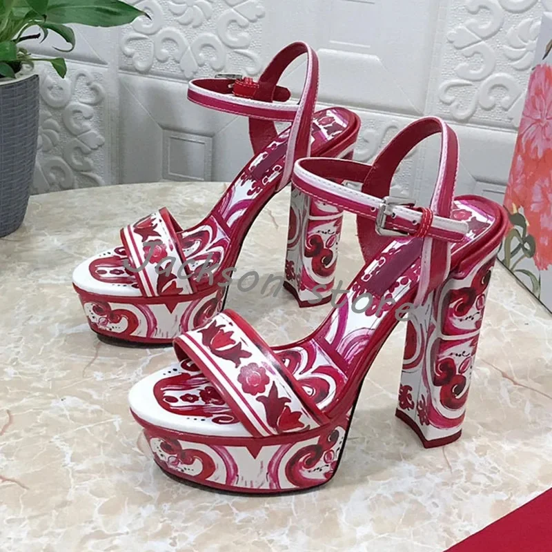 Retro Women\'s Printed Mixed Colors Sandals 2024 New Platform Super High Heel Totem Dress Shoes Banquet Buckle Female Pumps 15cm