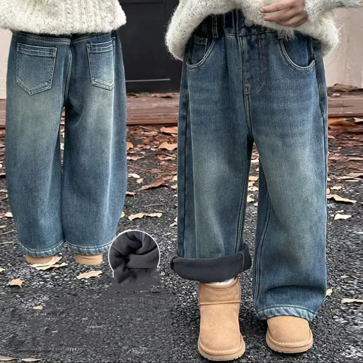 

Girls' Jeans Autumn And Winter Children's One piece Velvet Thickened Warm Casual Loose Straight Leg Pants Kids Clothing