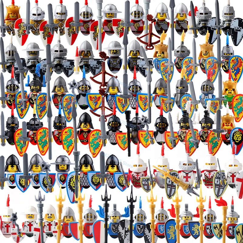 

Medieval Knight Roman Soldiers Building Blocks Military Castle Warriors Figures Weapons Accessories Helmet Shield Gift Toys Kids