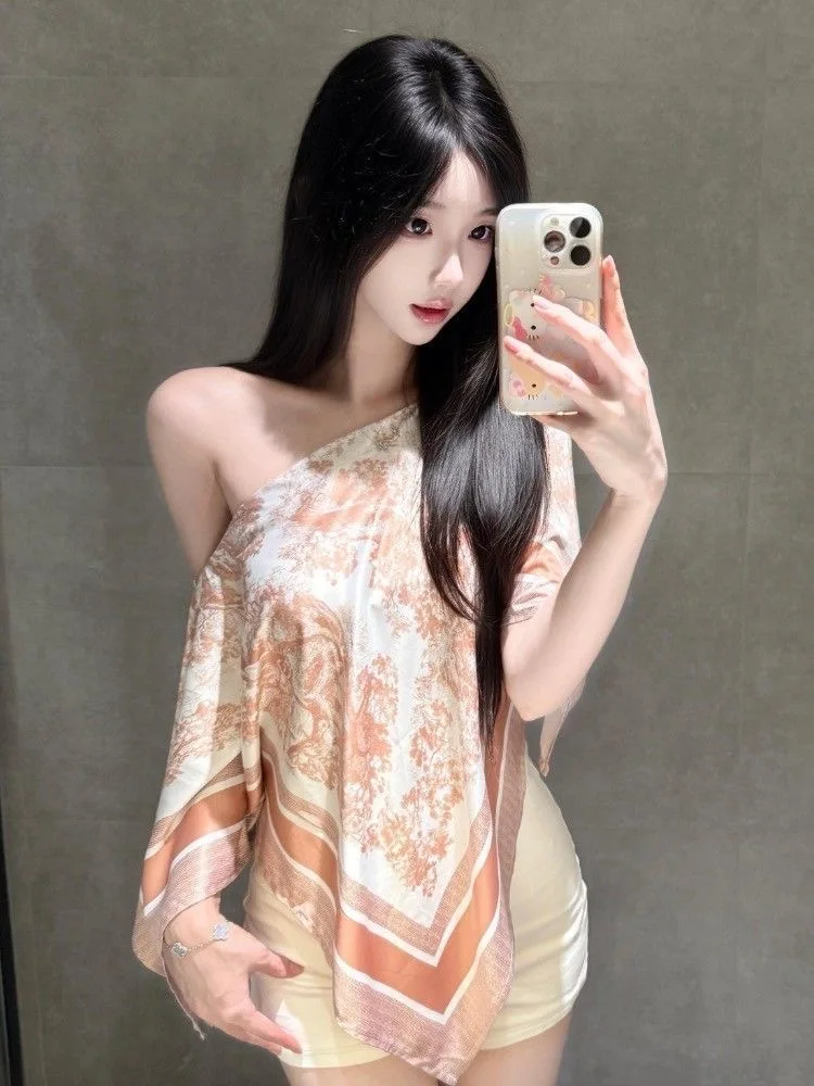 KING BRAND Summer irt Ele Pink Print Oblique oulder Design French Sle Loose Fit Women's Faion Daily Wear