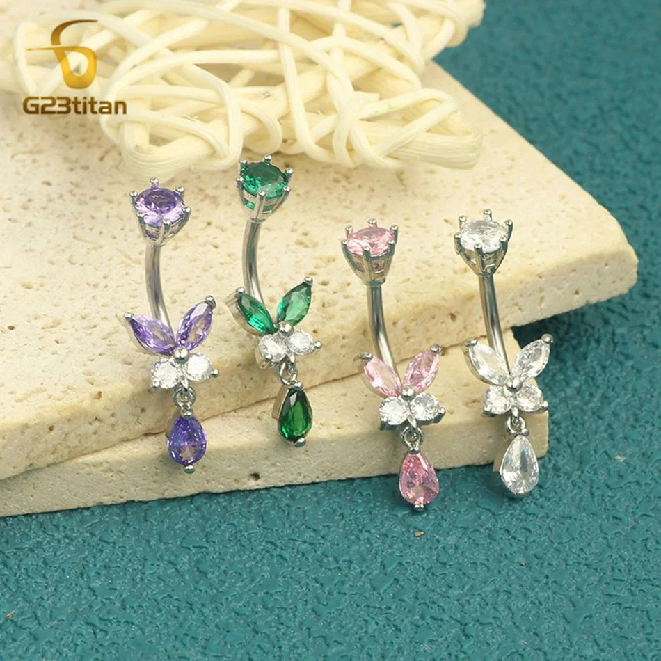 G23titan Colors Zircon Butterfly Belly Button Ring Surgical Steel Titanium Rod Women Navel Jewelry Ombligo Piercing Sexy Items