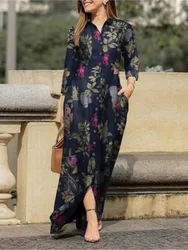 Autumn Women's New Casual Lapel Long Sleeved Fashionable Floral Print Sexy Slit Single Breasted Shirt Floor Length Dress