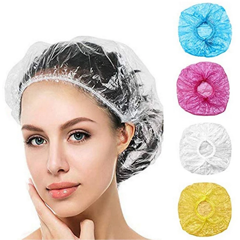 100Pcs Disposable Plastic Shower Cap Waterproof for Women Hat Spa Hair Salon Hotel One-Off Bathing Elastic Bathroom Accessories