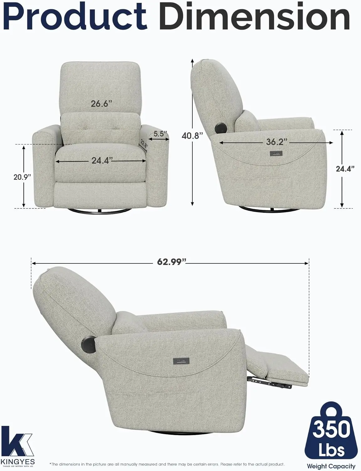 Gray Power Recliner Chair for Living Room, 270° Swivel Glider, with USB-C Port