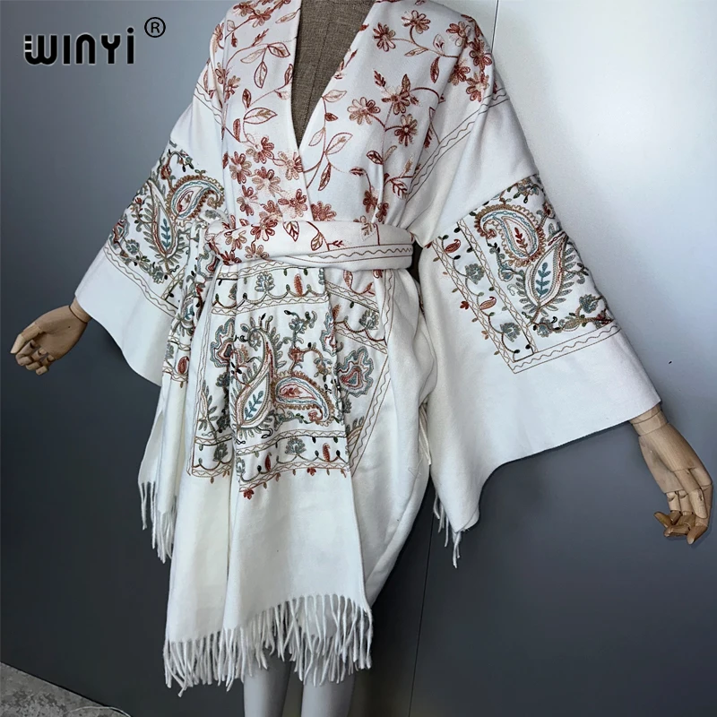 WINYI hiver femmes gland broderie Long manteau robe ample femme épais chaud Cardigan moyen-orient musulman kimono abaya dubaï luxe