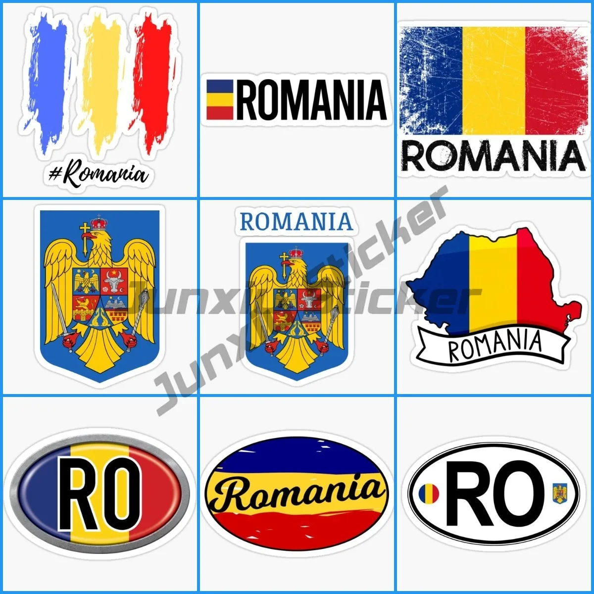 RO Romanian National Flag National Emblem National Code Letter Heart-shaped Flag Car Sticker Vinyl Waterproof Resistant Sticker