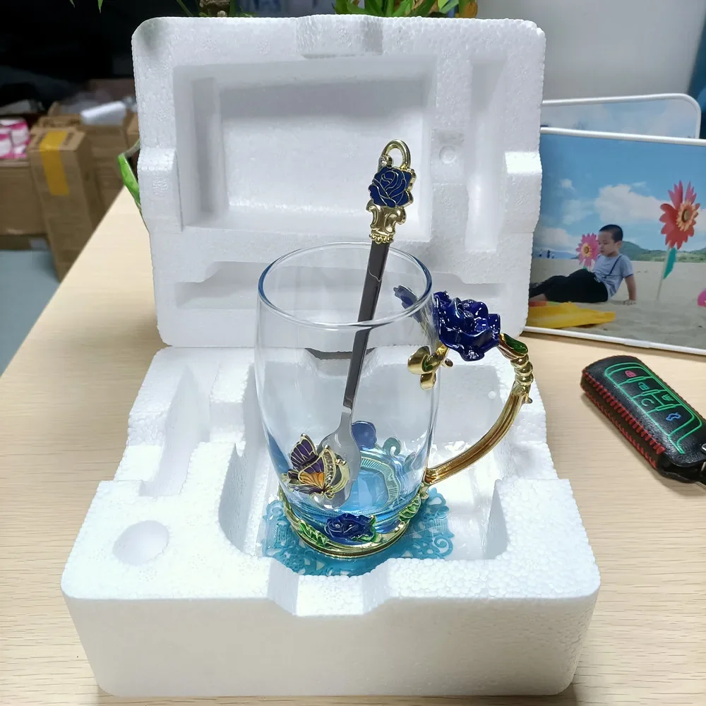 المينا الزجاج الشفاف القهوة الشاي القدح الورود الزرقاء مجموعة أكواب مقاومة للحرارة مع قاعدة ملعقة من الفولاذ المقاوم للصدأ وقماش مسح #6