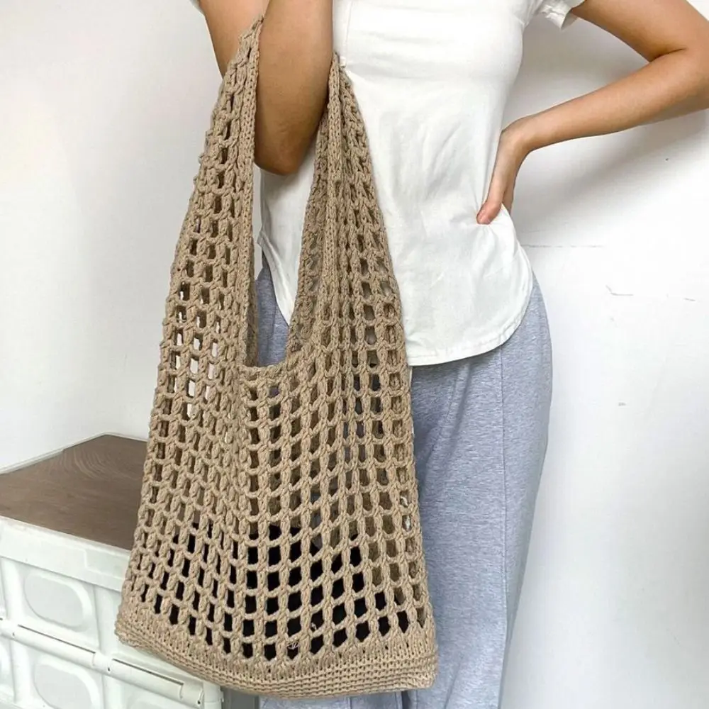 

Solid Color Knitting Shoulder Bag Large Capacity Versatile Bohemian Crochet Tote Bag Hollow Out Casual Woven Handbag Women