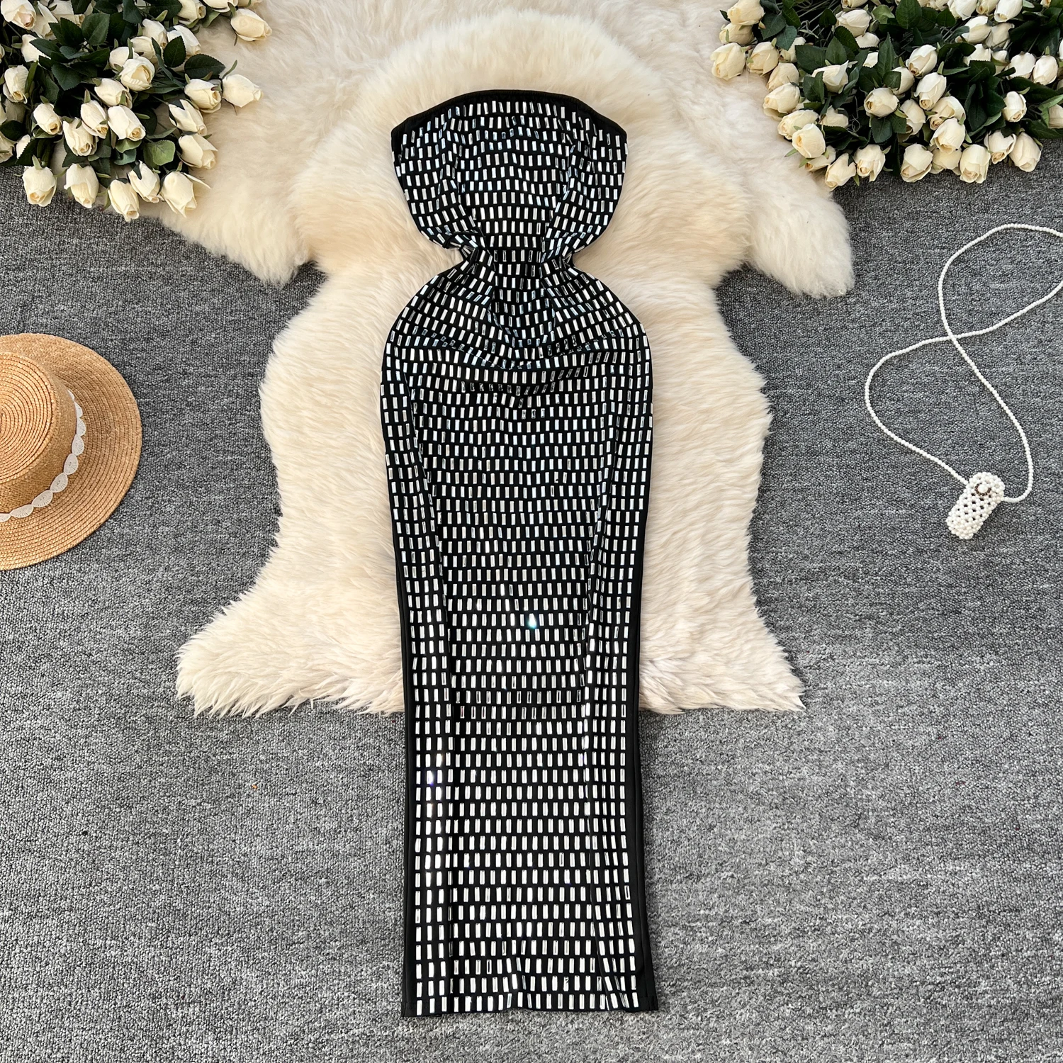 Elegant Sleeveless Vintage Strapless Chic Rhinestone Slim Split Long Dress Ball Evening Party High Street Autumn Winter Clothing
