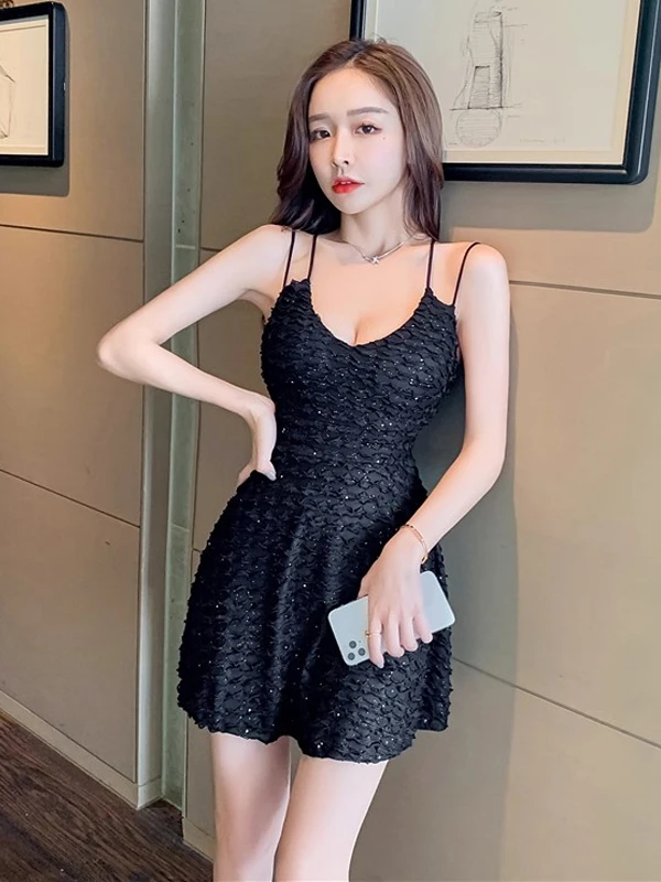 Mini abito corto vintage con paillettes metallizzate con scollo a V profondo, gonna a trapezio nera slim fit da donna, abito da ballo, ballo di fine anno