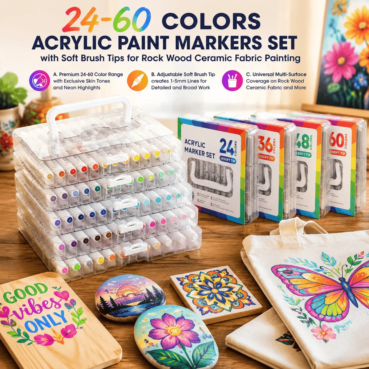 Acrylic Paint Markers Brush Tip Waterproof Rock Painting Fabric Permanent Multi-Surface Marker Pens 24-60 Colors DIY Craft