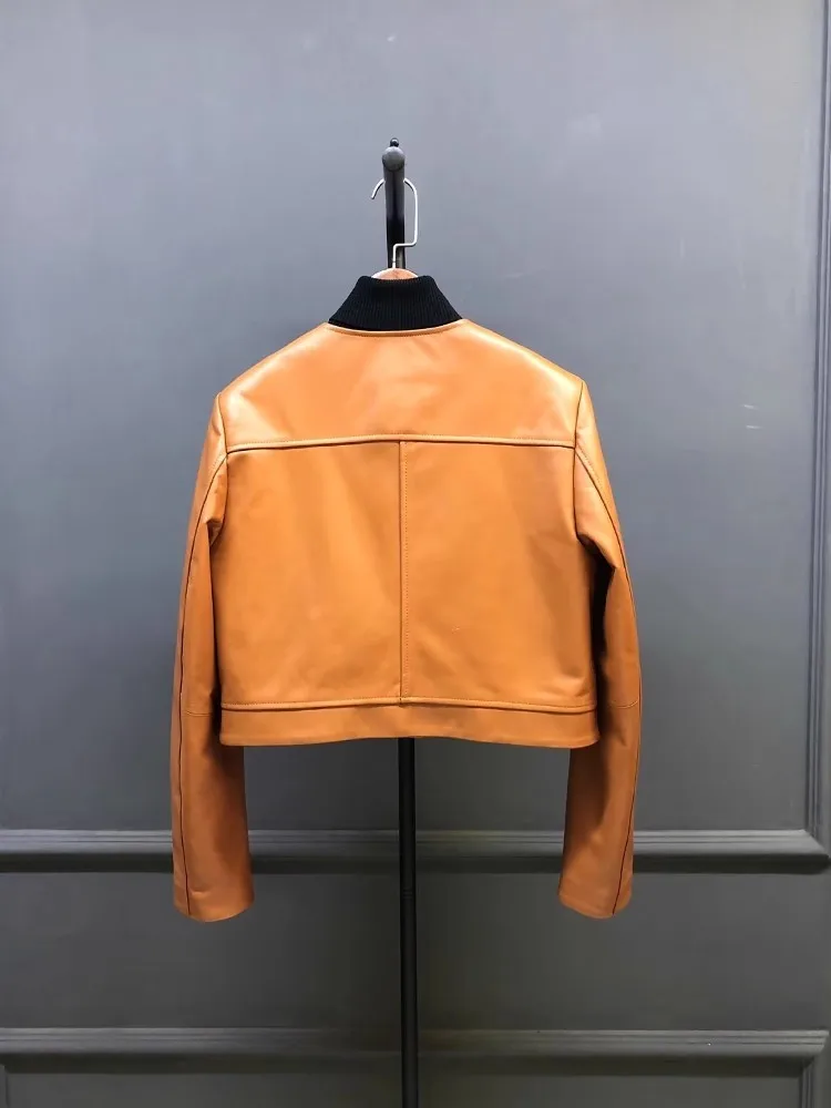 Autumn Spring Natural Sheepskin O-Neck Fashion Orange Women Jacket Straight Single Breasted Genuine Leather Short Coat Outerwear