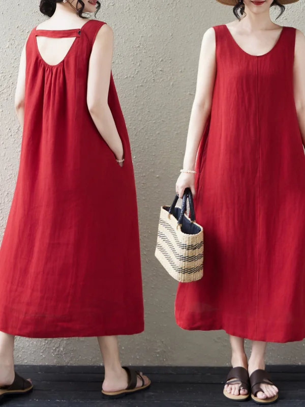 Romantic Red Cotton Linen Midi Dress Summer New Style Women's Loose Fit Vacation Vibes Sleeveless round Neck Commute Ready