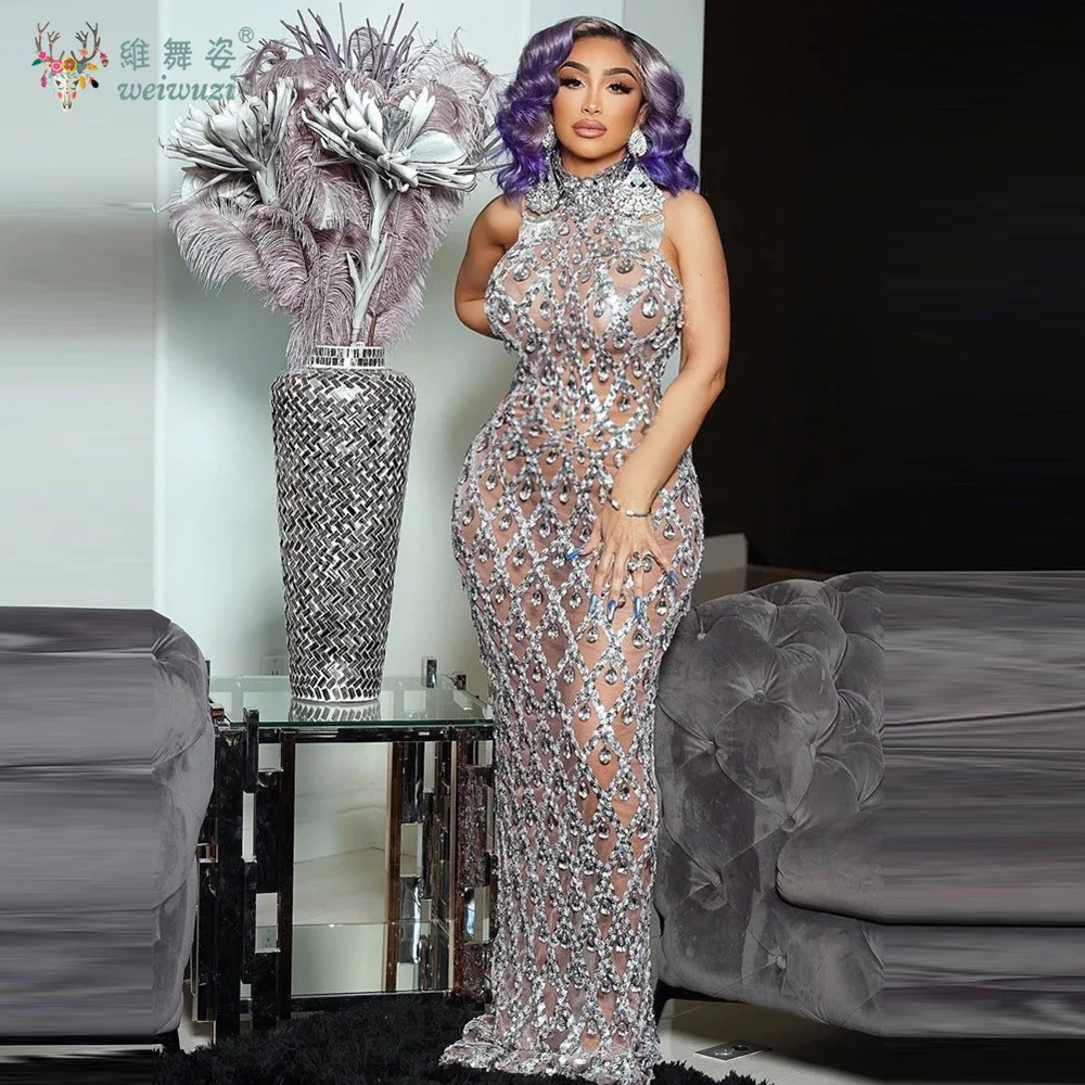 

Luxury High-end Sexy Sparkling Diamante High Neck Perspective Mesh Dresses Fashion Celebrity Evening Cocktail Party Evening Gown
