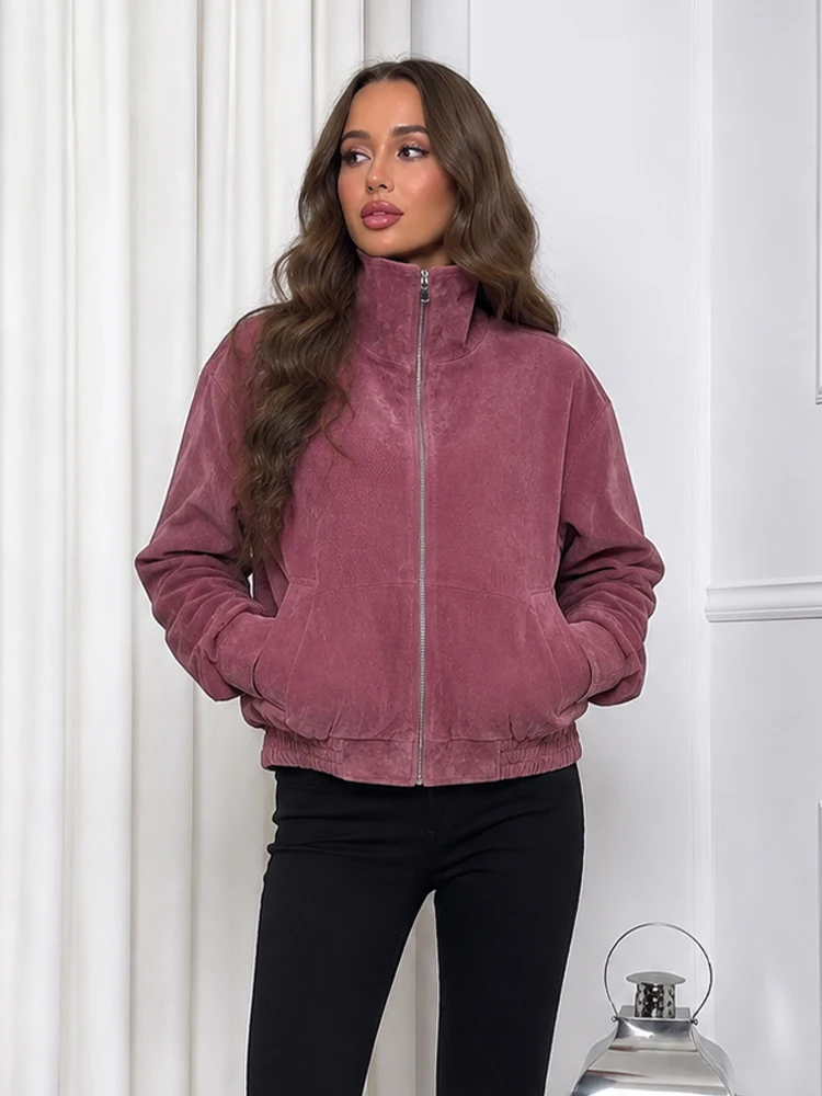 HH Damen Retro Wildlederjacke in Burgunderrot mit hohem Stehkragen, Reißverschluss vorne, langen Ärmeln, Y2K-Oberbekleidung, Frühling/Herbst, modischer Streetwear-Mantel