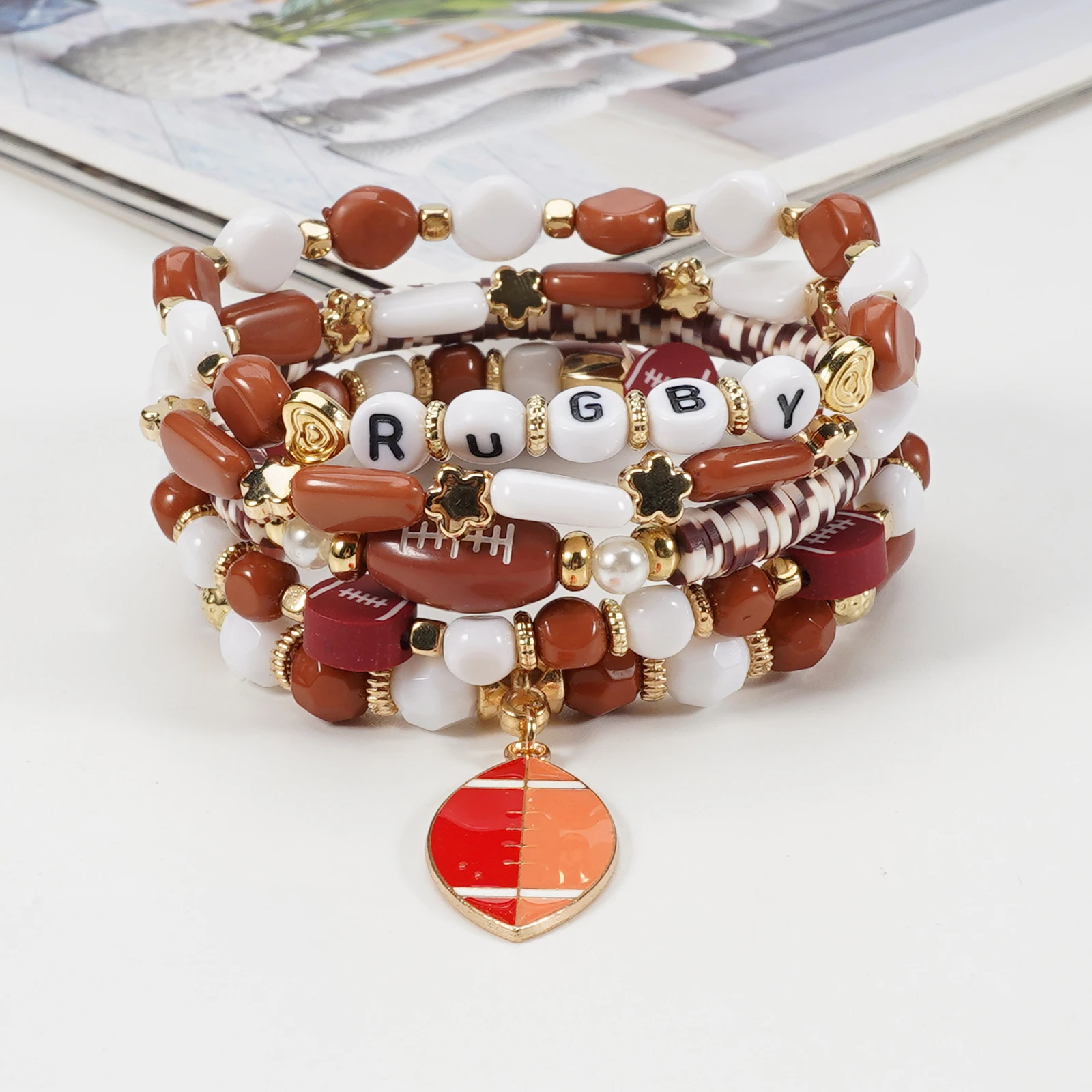 Bohemian female bracelet elastic multilayer brown and white beaded bracelet can be stacked football bracelet