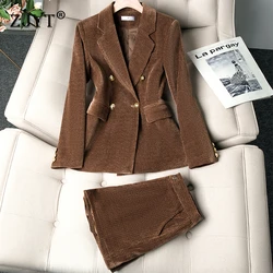 ZJYT Double Breasted Blazer Shorts Two Piece Matching Sets Autumn Winter Velvet Jacket Suits Plus Size Women Work Wear Outfit