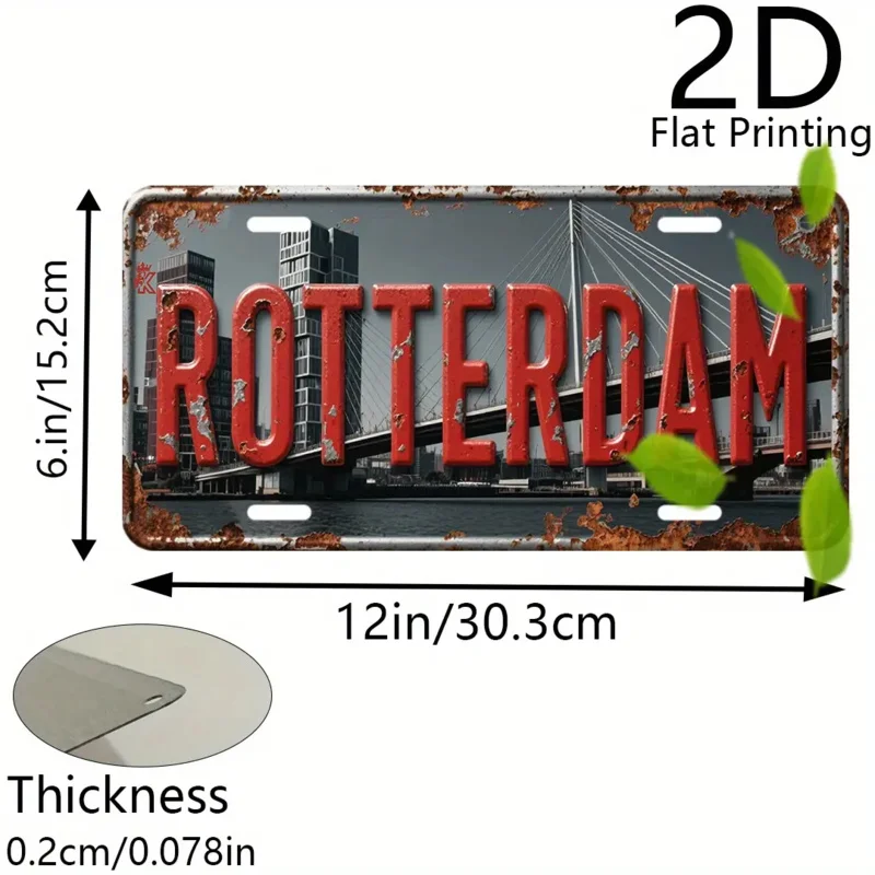 HD Aluminum Print, Vintage Rotterdam Netherlands Cityscape Bridge License Plate Style Wall Art, High Definition Bend-Resistant M