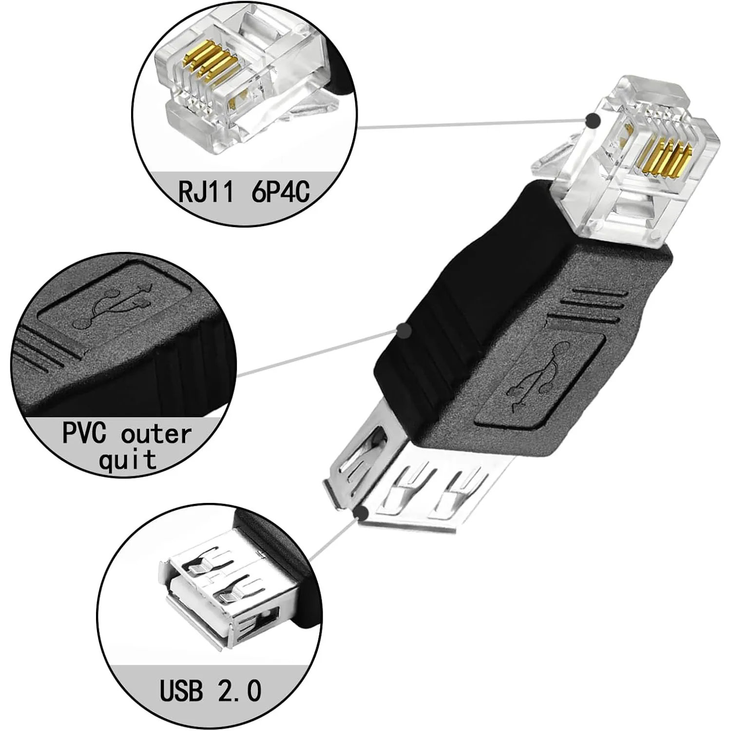 1pc USB 2.0 Type A Female To RJ11 4 Pin 6P4C Male Ethernet Network Phone Connector Converter Adapter
