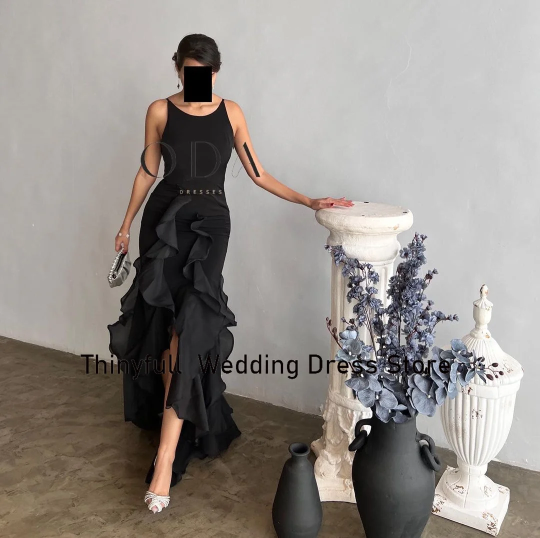 Thinyfull Saudi Arabia Mermaid Black Prom Dresses O-neck Sleeveless Evening Party Dress Satin Ruffles Long Formal Occasion Gowns