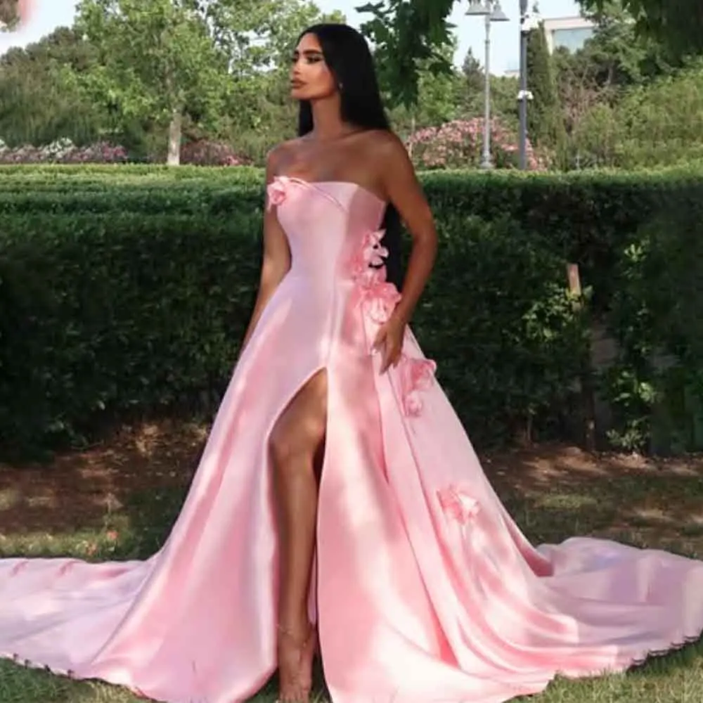 

High Quality Customized Floor Length Court Train Flowers Strapless Sleeveless High Fork Pink Vestidos Para Bodas Mujer Invitada