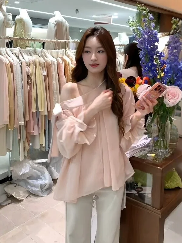 

Sweet Sle Asymmetrical oulder Lace Trim Chiffon irt Women's Loose Fit Anti-Aging Pink Top Ci Walk Casual Wear