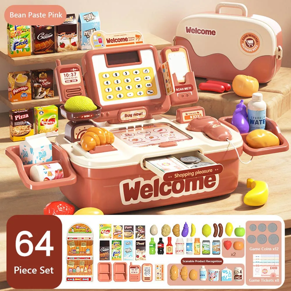 Simulation de caissier rose vert, 64 pièces, conception d'imitation, développement de l'intelligence, dépanneur, jeu interactif en plastique