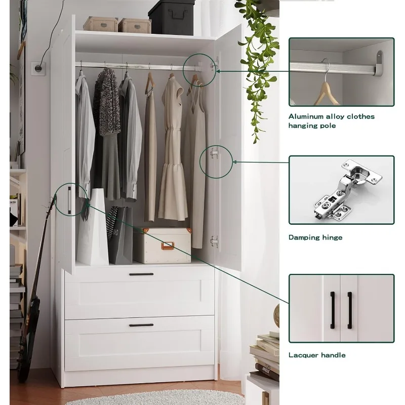 Armadio guardaroba in legno bianco con 2 ante e 2 cassetti, armadio portaoggetti armadio indipendente per camera da letto con ripiani, armadio in legno