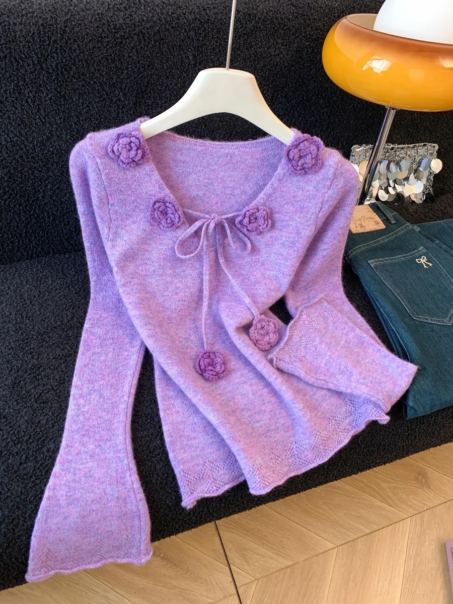 

Ele Long Sve Knitted Sweater Women's Slim Fit Autumn Winter Faion V-Ne Soft Polyester Fiber Gentle Wind 3D Flower