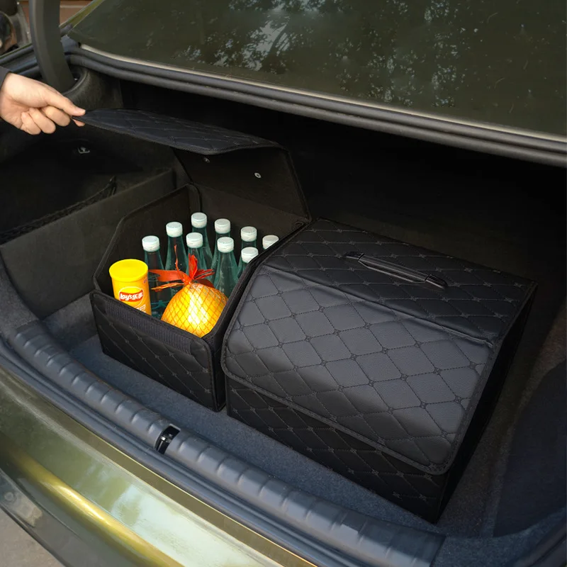 Large‑Capacity Foldable PU Leather Car Trunk Organizer Box, Sturdy Collapsible Auto Trunk Storage Container