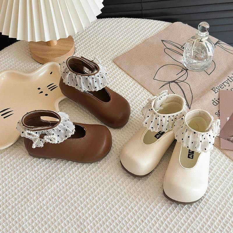 

Spring Girl's Leather Shoes Frilly Pearl Adorable Hook-loop Kids Flat Shoe Beige Brown Shallow Sweet Trendy Children Shoe 23-34